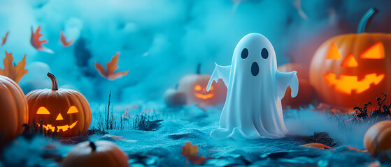 Friendly Ghost and JackOLantern Halloween Decorations in Blue Fog, Friendly Ghost and JackOLantern Halloween Decorations in Blue Fo