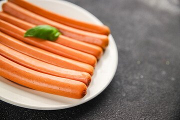 sausages meat pork, beef, chicken dish Fresh delicious gourmet food background on the table rustic food top view copy space
