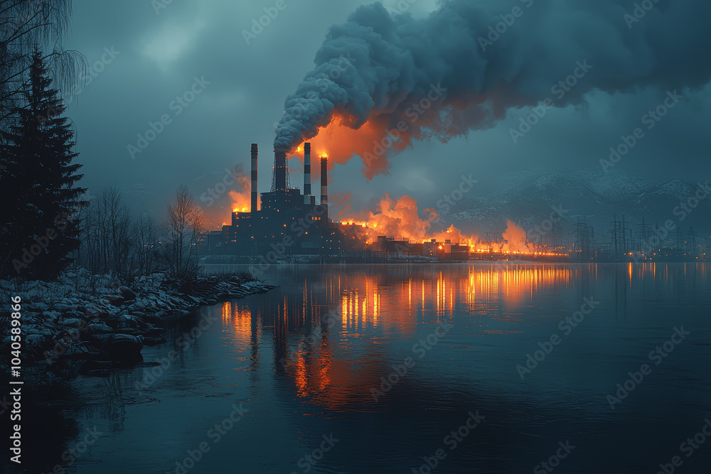 Poster a power station running out of fuel, illustrating the dependency on finite energy resources. concept