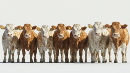 A Row of Seven Brown and White Cows Standing on a White Surface