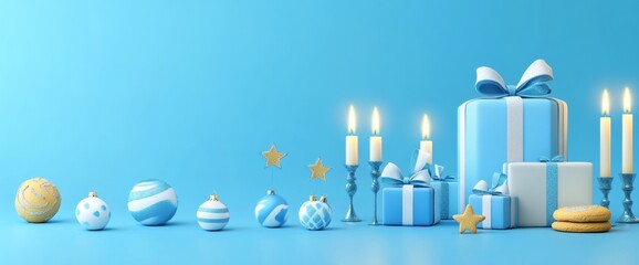 A festive blue celebration arrangement with gifts, candles, and ornaments on a bright background. Hanukkah.