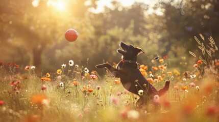 Naklejka premium In the heart of a green field, a joyful puppy pounces after a ball, showing off its playful side.