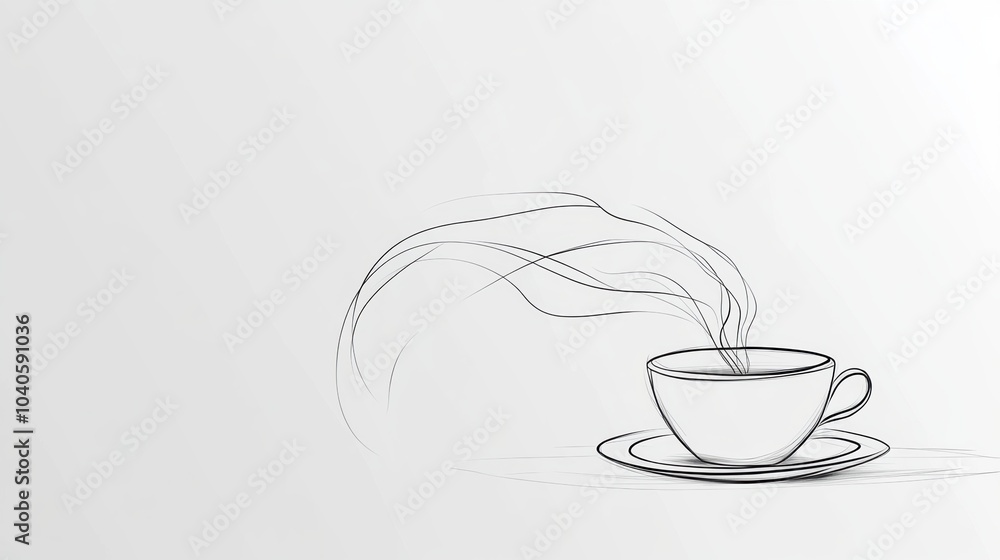 Poster a continuous line illustration captures a tea cup with gentle steam rising, conveying warmth and com