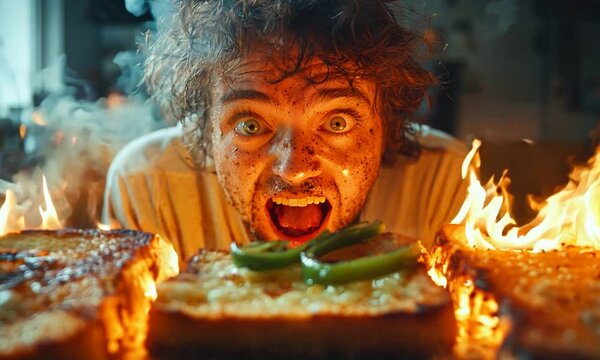 A person excitedly poses with fiery food on a table.