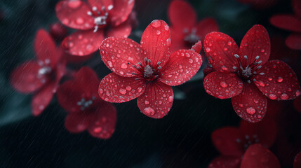 Small, red flowers covered in water droplets