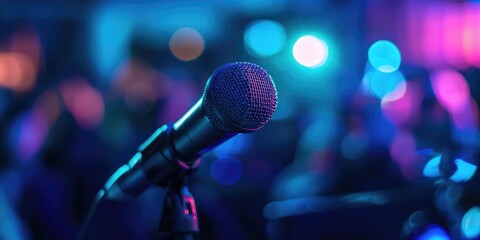 A press conference with blurred speakers and attendees, captured with vibrant lights and soft ambient elements.