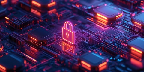 Obraz premium Cybersecurity measures illustrated with encrypted data flows and secure transaction protocols.