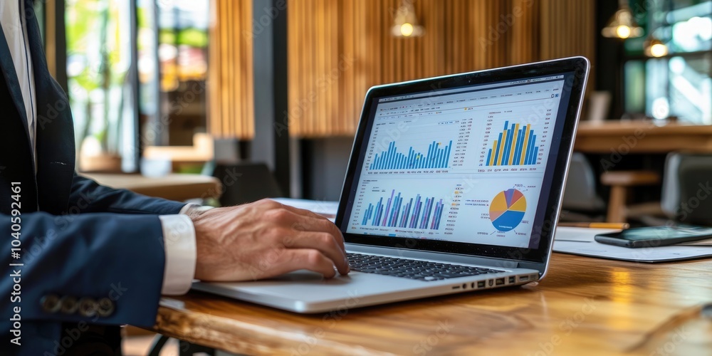 Leinwandbilder a business consultant analyzing data on a laptop, with charts and graphs on-screen, dressed formally