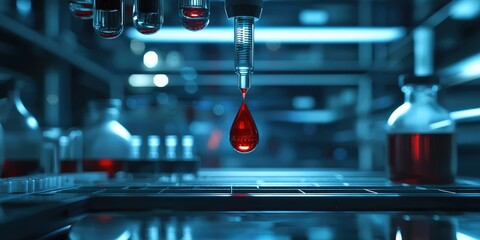 a red droplet hanging from a pipette, with a detailed lab setting in the background.