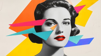 A collage with a vintage female portrait split into geometric segments, surrounded by arrows, graphic shapes, and vivid colors against a textured paper backdrop.