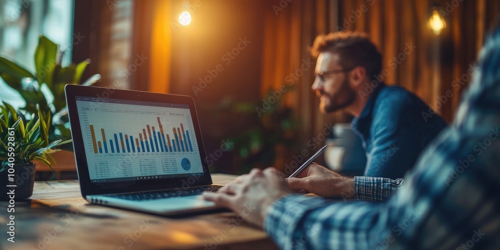 Poster a financial advisor presenting to a client using a laptop, displaying financial graphs and data, wit