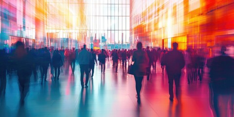 Obraz premium A business convention shown with a large crowd, depicted in a defocused image with abstract lighting.