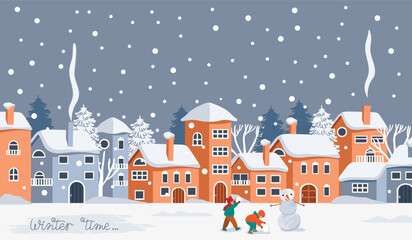 Winter time card with cityscape,snowman and kids.Cartoon background with country street, snowfall and cute characters.Seasonal banner with snowy houses and trees.Vector flat color illustration.