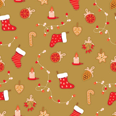 Naklejka premium Christmas decorations seamless pattern.Cartoon background with socks, garlands with lights, candles, dried orange, gingerbread, berries, pine cones.Vector print on fabric and paper.Flat color design.