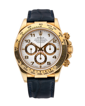 Rolex watch, Daytona model. Self-winding watch with 18kt yellow gold case. Year 1998. White background. Milan. Italy_ August 10_2024