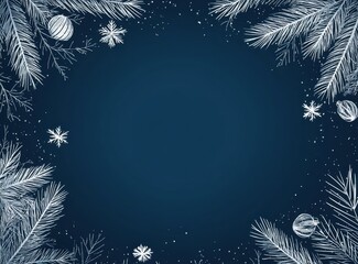 A dark blue background with white line-drawn pine branches and snowflakes forming a border, suitable for Christmas or winter themes Generative AI