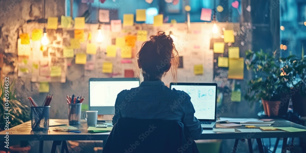 Poster a startup founder brainstorming ideas on a laptop, surrounded by whiteboards and sticky notes in a c