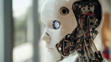 Fototapeta premium A detailed shot of the advanced AI reasoning modules and decision-making algorithms of a humanoid cognitive assistant robot in an AI research institute, Robotics style, photo of