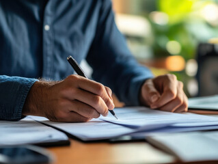 Concentrated person signing papers at a wooden desk, surrounded by greenery and bright light