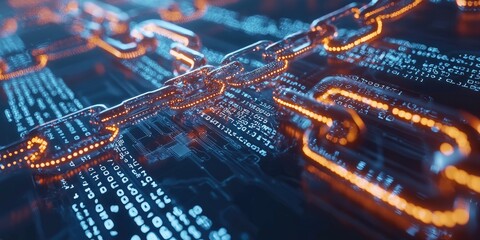 Blockchain technology displayed with interconnected nodes and secure data flows.