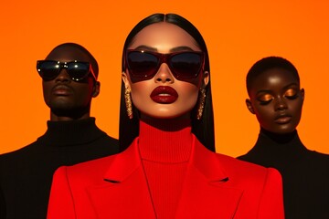 Models in black turtlenecks and red blazer wearing sunglasses on orange background. Luxury fashion portrait. Modern style concept for world shopping day campaign with dramatic lighting