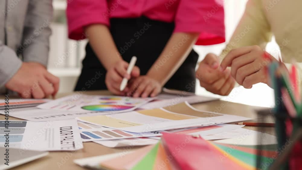 Poster slow motion hand closeup of designer team brainstorming and choosing color for graphic design workin