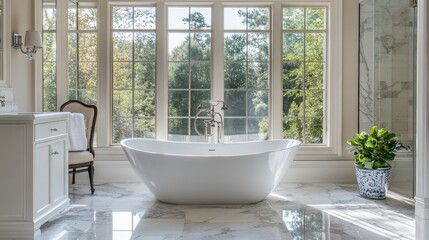 Fototapeta premium A luxurious bathroom featuring a freestanding bathtub, marble floors, and large windows with natural light.