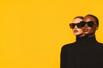 Models wearing black turtlenecks and sunglasses on yellow background. Minimal fashion portrait. Modern style concept for world shopping day campaign with geometric composition