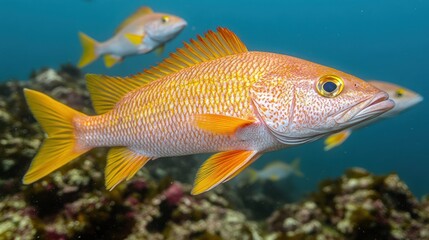 Vibrant orange fish swimming in a coral reef environment.
