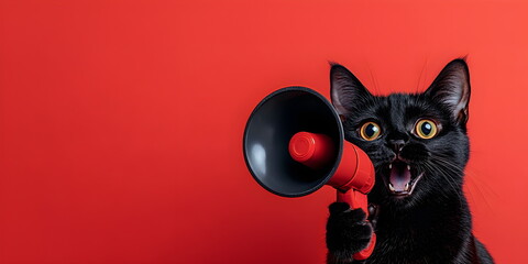 Black cat with megaphone on red isolated background. Banner with copyspace