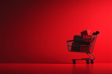 Shopping cart filled with gift bags on vibrant red background. Minimalist composition showcasing Black Friday and holiday season sales. Concept for retail promotions and e-commerce campaigns