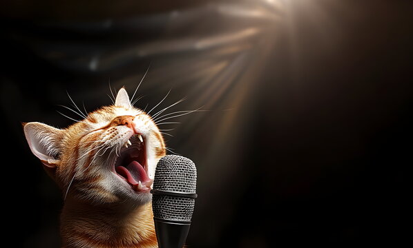 An orange tabby cat is singing into a microphone with its mouth wide open, expressing itself through music as a talented animal performer in a stage spotlight.