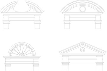 Ancient pediments. Greek or roman architecture temple facade with ancient pillars. Antique architectural. Vintage architecture of Greek culture. Simple linear vector illustration collection isolated