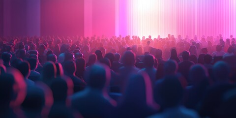 Obraz premium A seminar room filled with a large audience, depicted with defocused, vibrant lighting and abstract elements.