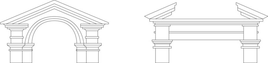 Ancient pediments. Greek or roman architecture temple facade with ancient pillars. Antique architectural. Vintage architecture of Greek culture. Simple linear vector illustration collection isolated