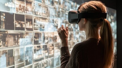 Woman in VR headset interacting with digital interface