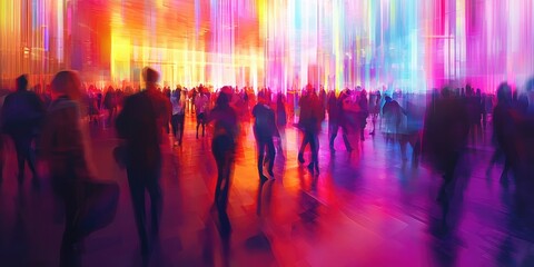 A concept of a corporate convention, featuring blurred attendees and vibrant lights for an abstract effect.