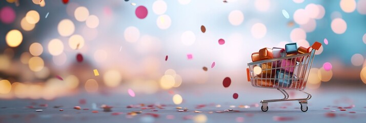 Shopping cart with colorful gifts on festive bokeh background. Holiday sale concept. Christmas and new year shopping season. Retail marketing banner for super saturday with copy space
