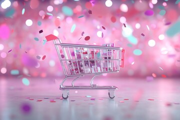Miniature shopping cart with confetti on pink background. Online shopping concept. Cyber monday sale banner. E-commerce and digital retail marketing for social media with copy space