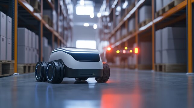 A detailed shot of the advanced navigation sensors and obstacle avoidance algorithms of a humanoid delivery robot in a logistics automation center, Robotics style, photo of