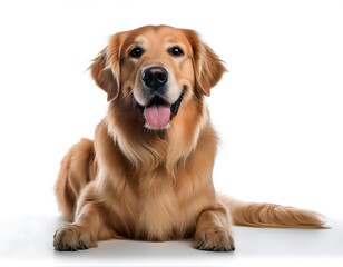 Obraz premium Golden Retriever dog sitting on a white background, looking happy and friendly with a wagging tail