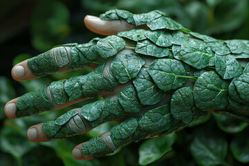 A human hand made of spinach leaves, symbolizing the strength and vitality gained from leafy greens. Concept of nutrition.