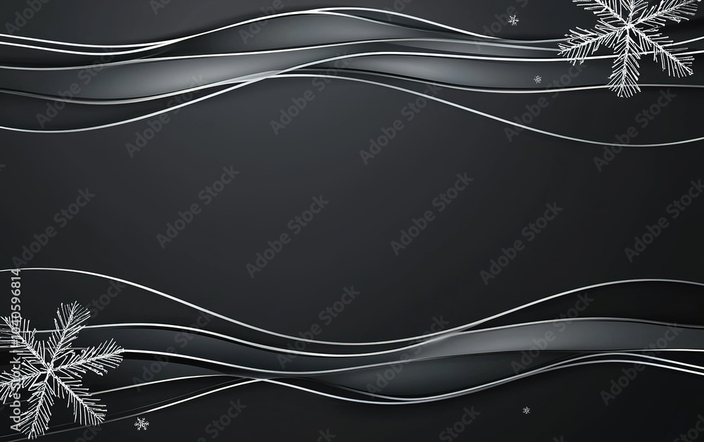 Poster elegant black background with flowing lines and winter snowflakes creating a stylish festive atmosph