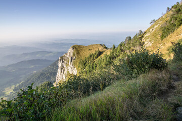 Breathtaking hike along steep paths up from the Eigental valley to the summit of Mittaggüpfi and Pilatus, Switzerland.