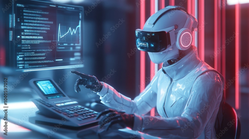 Poster a futuristic robot wearing a vr headset and headphones is working on a computer with a graph on the 
