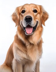 Fototapeta premium Golden Retriever dog sitting on a white background, looking happy and friendly with a wagging tail