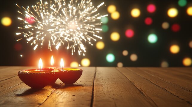 Festive diwali celebration with diyas and vibrant fireworks in a colorful atmosphere