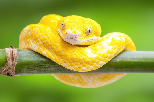 Golden yellow python coiled on branch against vivid green background
