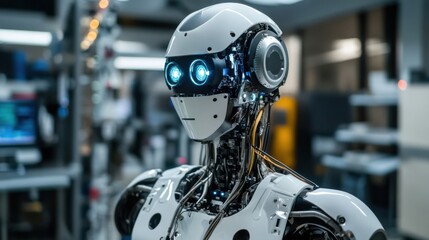 A detailed shot of the advanced perception sensors and object recognition algorithms of a humanoid vision-guided robot in a robotics vision lab, Robotics style, photo of