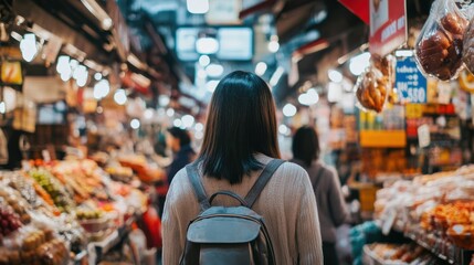 A person exploring a vibrant street market in a foreign city, symbolizing cultural exploration and local cuisine, Market scene